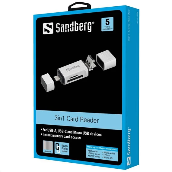 Sandberg Card Reader USB-C+USB+MicroUSB, Kártyaolvasó